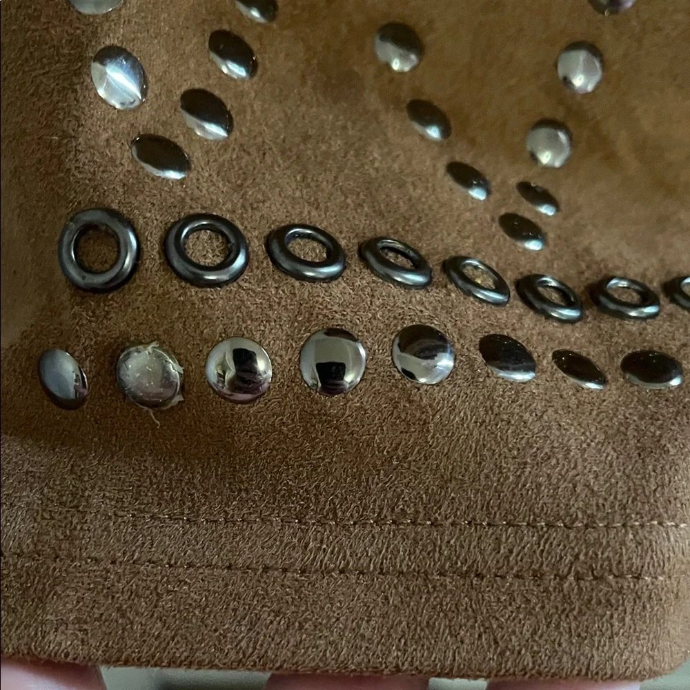 Spense Brown Midi Dress with Studded Detail faux suede short sleeve large sz 14 - Picture 4 of 10